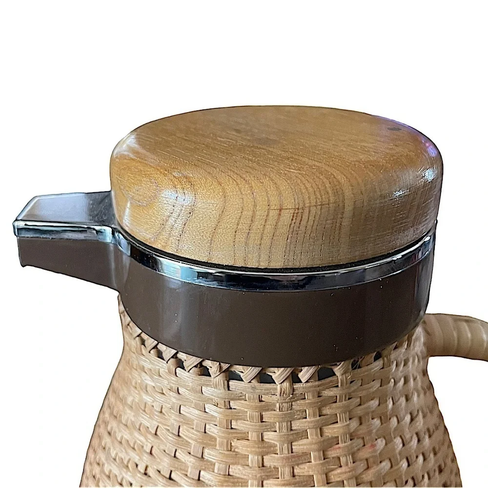 MCM Vintage Corning Designs Wicker Wrapped Thermal Carafe Coffee Thermos